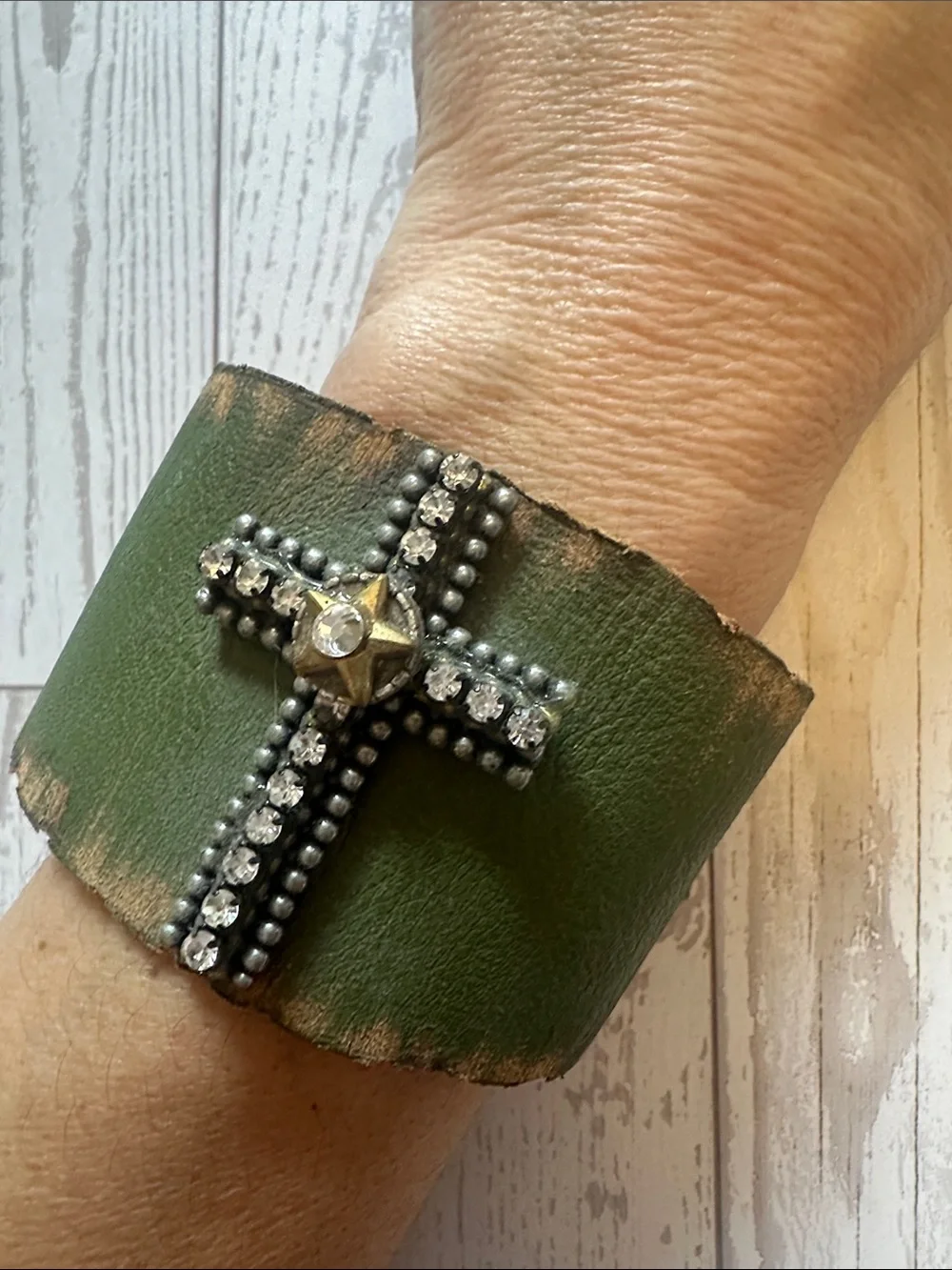 Distressed Olive Green Faux Leather Rhinestone Cross Cuff Bracelet
